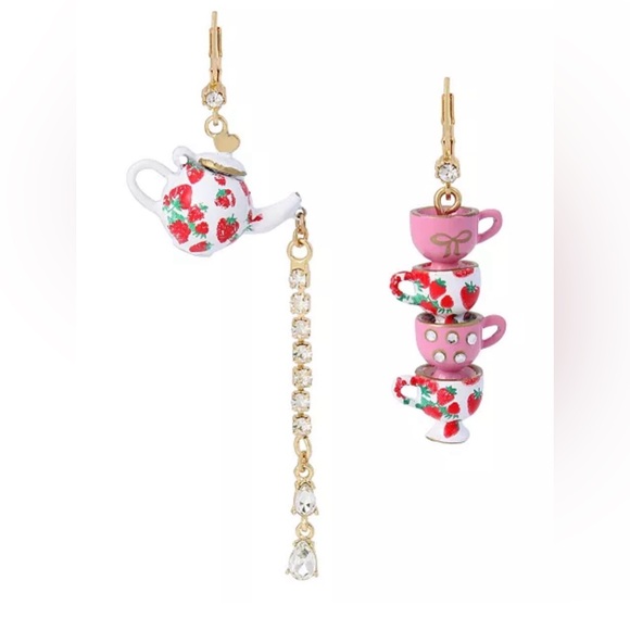 Betsey Johnson Jewelry - NEW Betsey Johnson Tea Party Mismatched Earrings Strawberry Gold Teacup Pot Pink